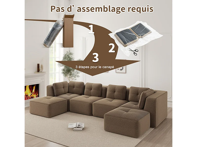 Canapé 4 places panoramique modulable, en velours côtelé, avec 2 pouf, 386x177x69cm, Marron