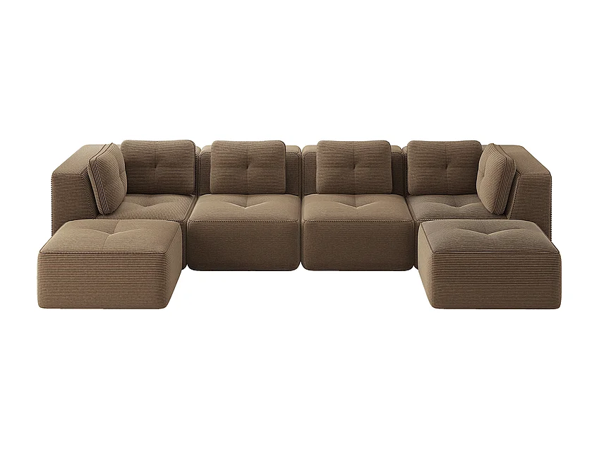 Canapé 4 places panoramique modulable, en velours côtelé, avec 2 pouf, 386x177x69cm, Marron