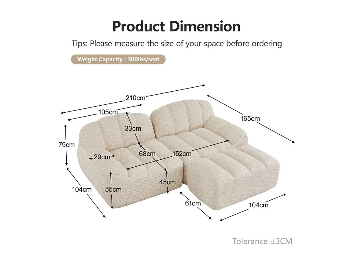 Canapé d'angle modulable en velours côtelé - 68cm d'assise profonds - 210x165x79cm - Beige