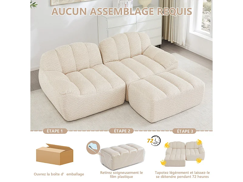 Canapé d'angle modulable en velours côtelé - 68cm d'assise profonds - 210x165x79cm - Beige