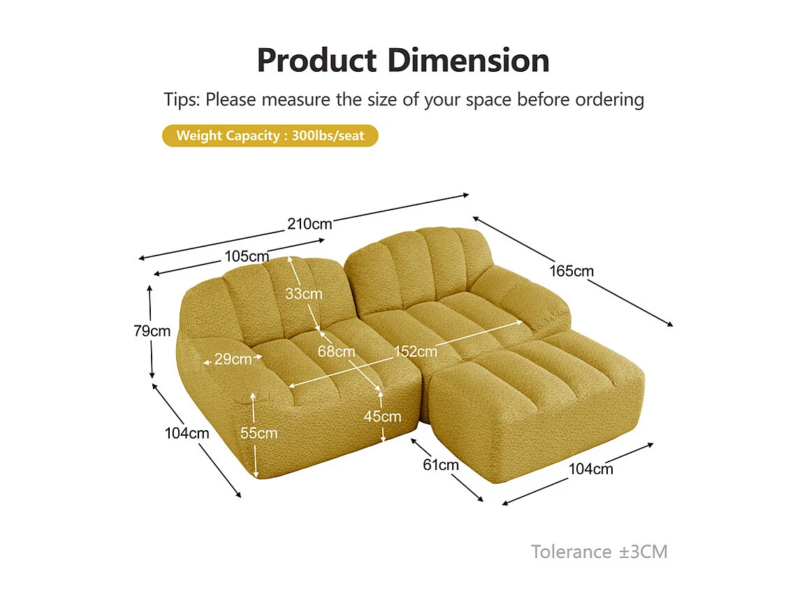 Canapé d'angle modulable en velours côtelé - 68cm d'assise profonds - 210x165x79cm - Jaune