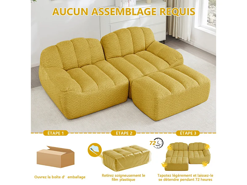 Canapé d'angle modulable en velours côtelé - 68cm d'assise profonds - 210x165x79cm - Jaune