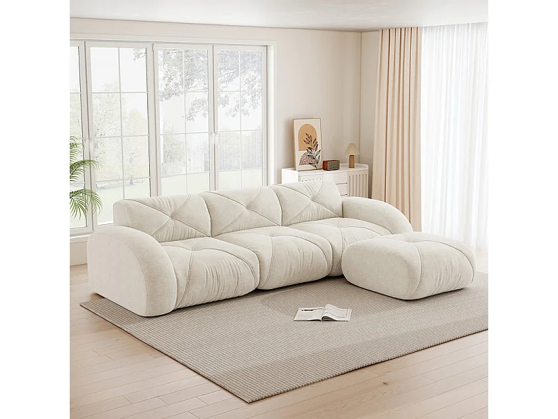 Canapé 3 places d'angle modulable en tissu chenille, avec pouf, 281x171x76cm, Blanc