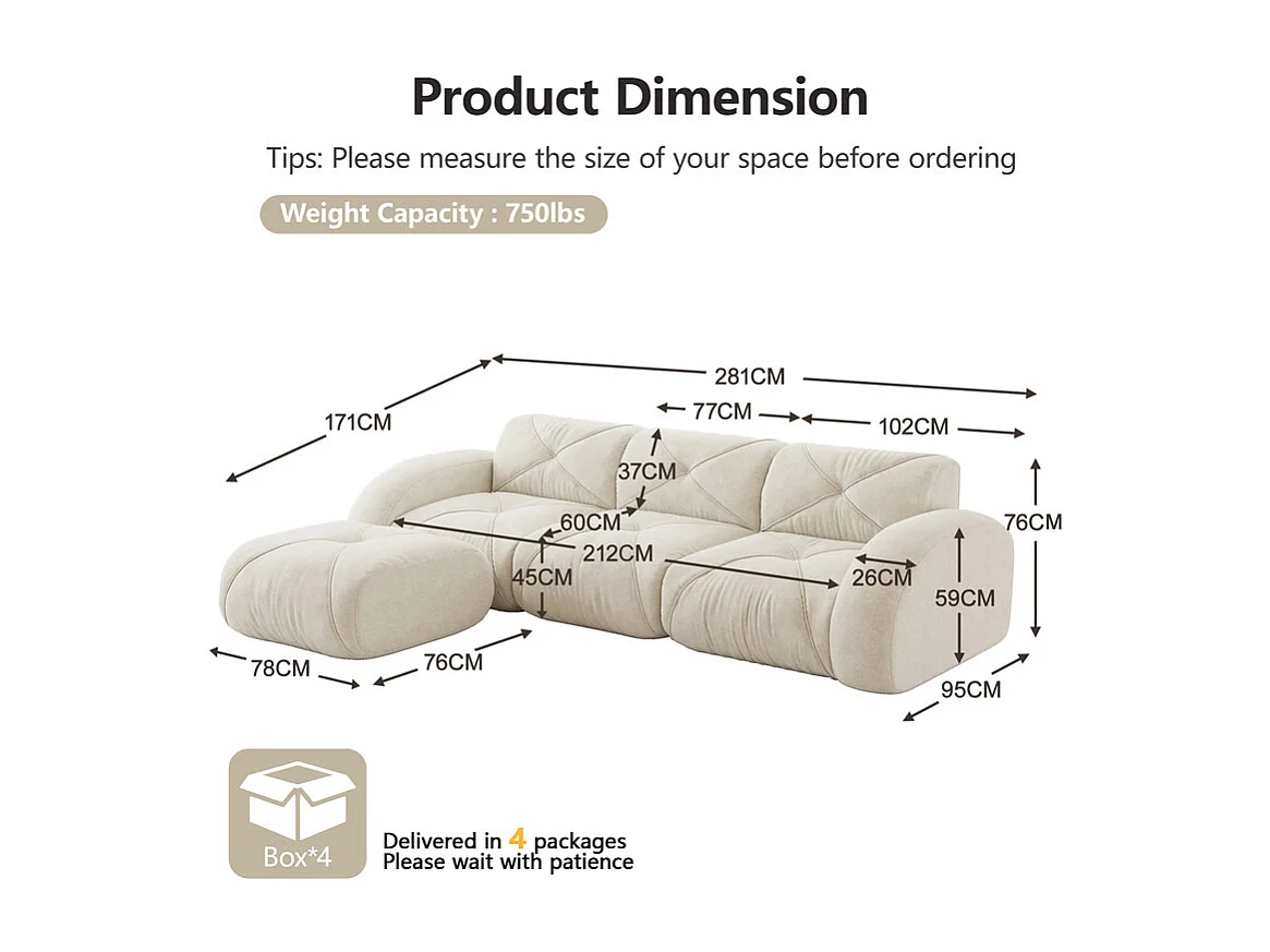 Canapé 3 places d'angle modulable en tissu chenille, avec pouf, 281x171x76cm, Blanc