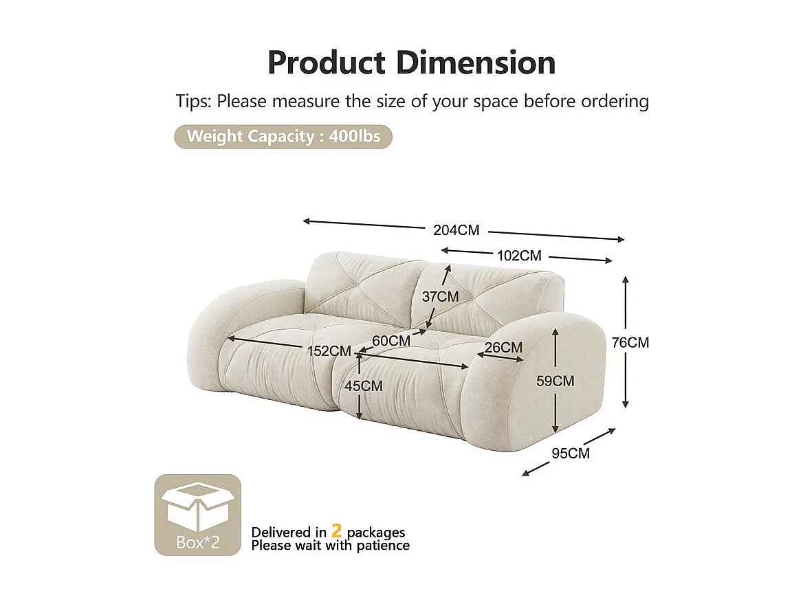 Canapé 2 places modulable en tissu chenille, 204x95x76cm, Blanc