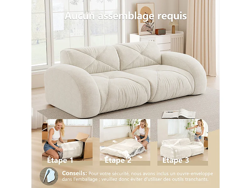 Canapé 2 places modulable en tissu chenille, 204x95x76cm, Blanc