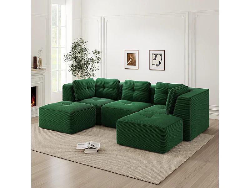 Canapé d'angle modulable en U en velours côtelé - avec 2 pouf - 297x177x69cm - Vert