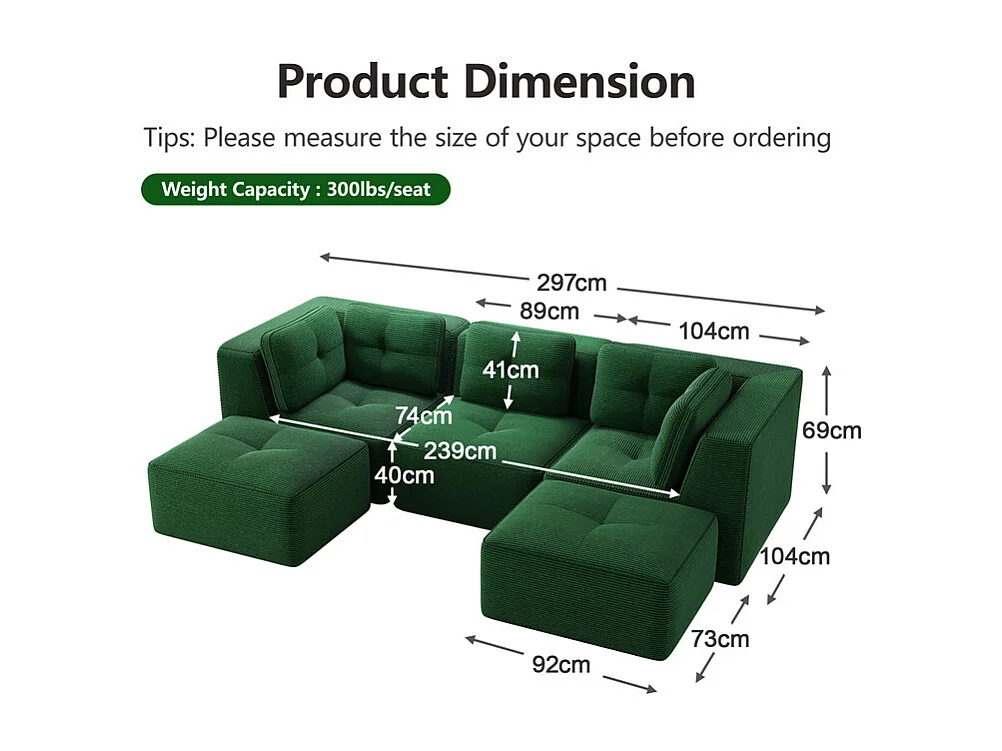 Canapé d'angle modulable en U en velours côtelé - avec 2 pouf - 297x177x69cm - Vert