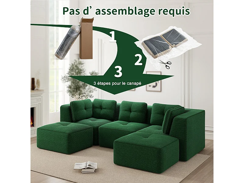 Canapé d'angle modulable en U en velours côtelé - avec 2 pouf - 297x177x69cm - Vert