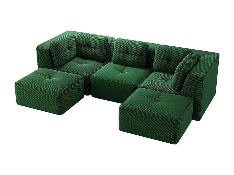 Canapé d'angle modulable en U en velours côtelé - avec 2 pouf - 297x177x69cm - Vert