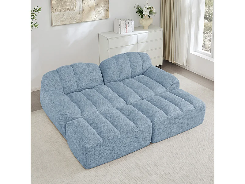 Canapé 2 places modulable en velours côtelé - avec 2 pouf - 68cm d'assise profonds - 210x165x79cm - Bleu