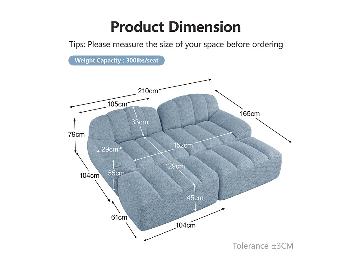 Canapé 2 places modulable en velours côtelé - avec 2 pouf - 68cm d'assise profonds - 210x165x79cm - Bleu