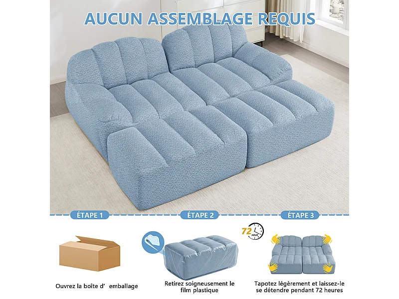 Canapé 2 places modulable en velours côtelé - avec 2 pouf - 68cm d'assise profonds - 210x165x79cm - Bleu