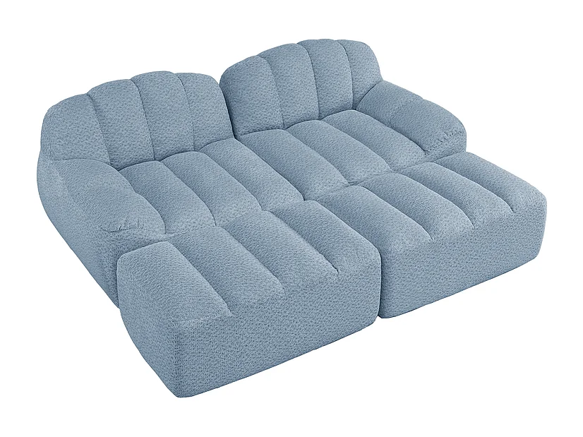 Canapé 2 places modulable en velours côtelé - avec 2 pouf - 68cm d'assise profonds - 210x165x79cm - Bleu