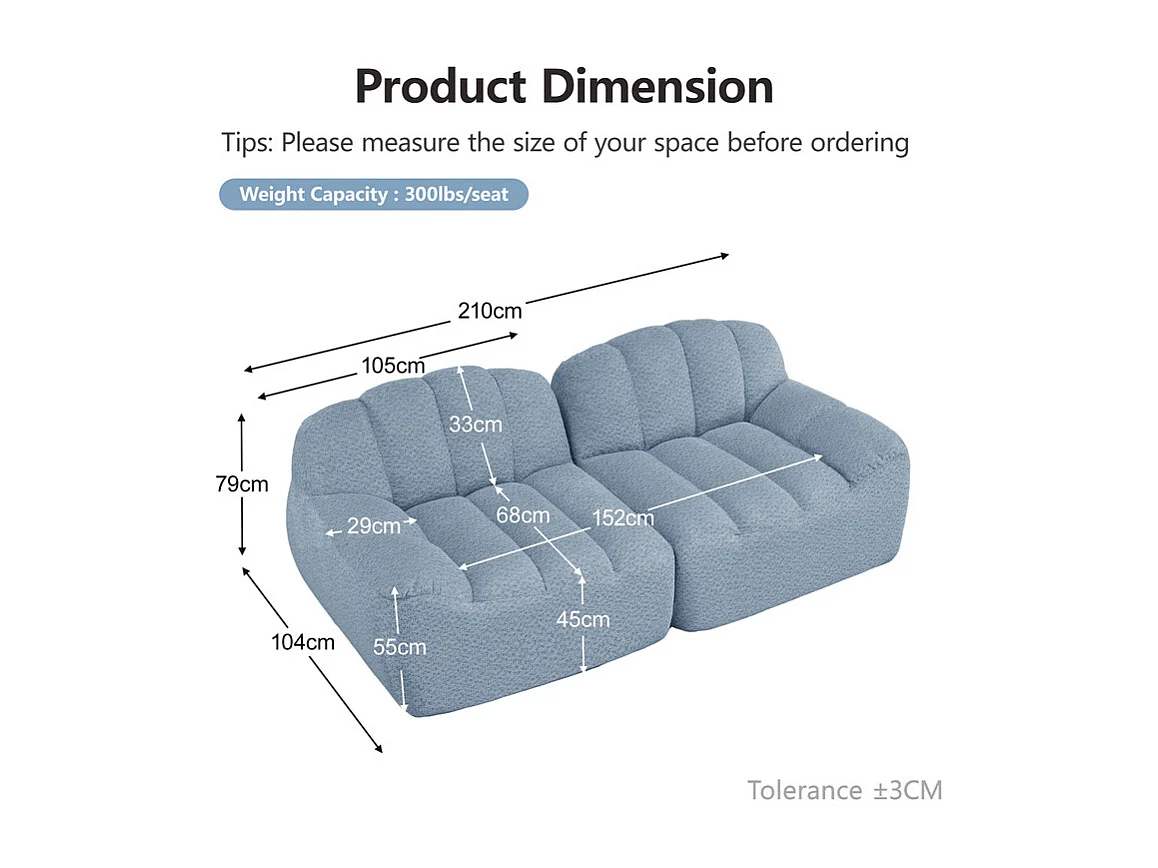 Canapé modulable 2 places en velours côtelé - 68cm d'assise profonds - 210x104x79cm - Bleu