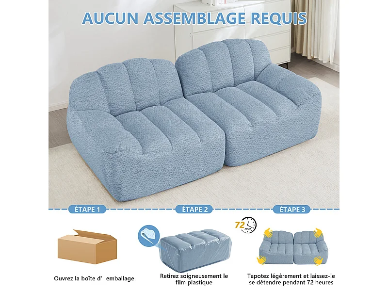 Canapé modulable 2 places en velours côtelé - 68cm d'assise profonds - 210x104x79cm - Bleu