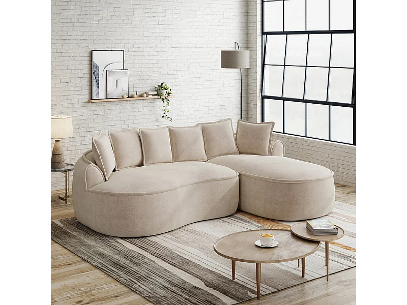 Canapé d'angle droit modulable en tissu chenille beige, 3 places, avec 112cm méridienne, 252x164x67cm