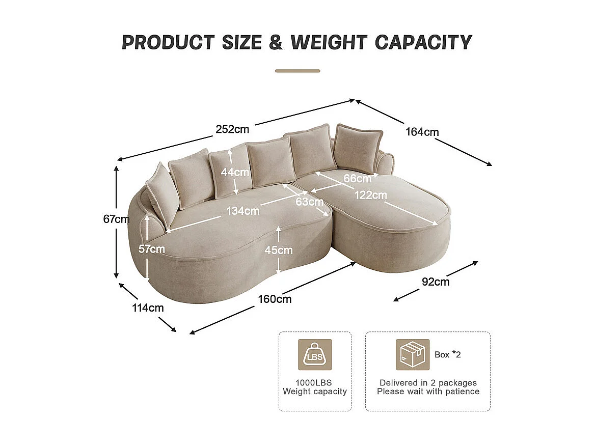 Canapé d'angle droit modulable en tissu chenille beige, 3 places, avec 112cm méridienne, 252x164x67cm