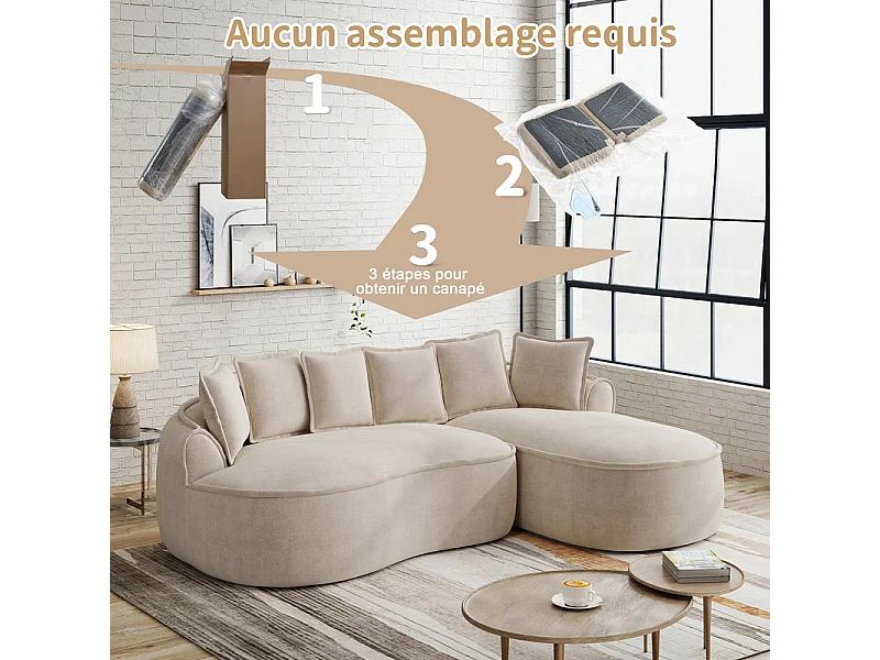 Canapé d'angle droit modulable en tissu chenille beige, 3 places, avec 112cm méridienne, 252x164x67cm