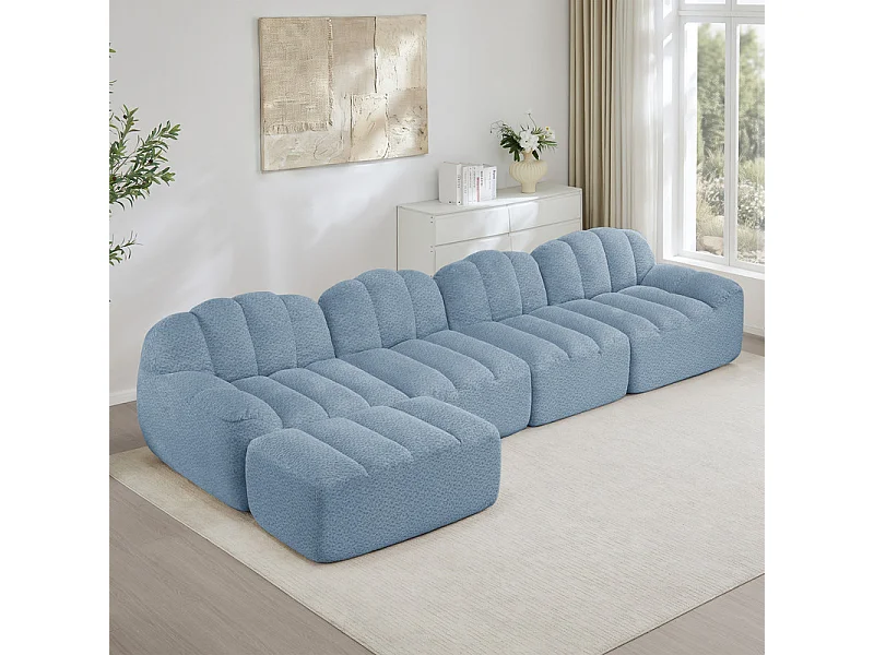 Canapé d'angle modulable en velours côtelé bleu, ergonomique, sans assemblage, 366x165x79cm