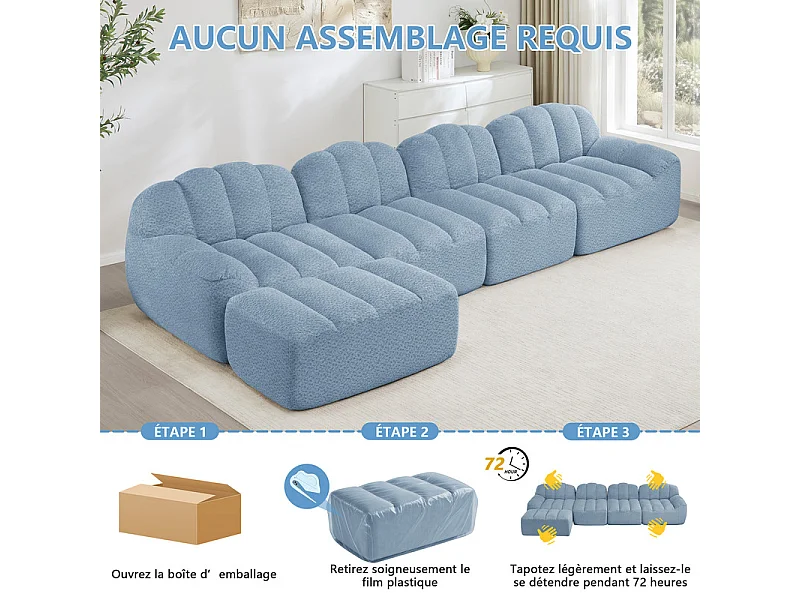 Canapé d'angle modulable en velours côtelé bleu, ergonomique, sans assemblage, 366x165x79cm