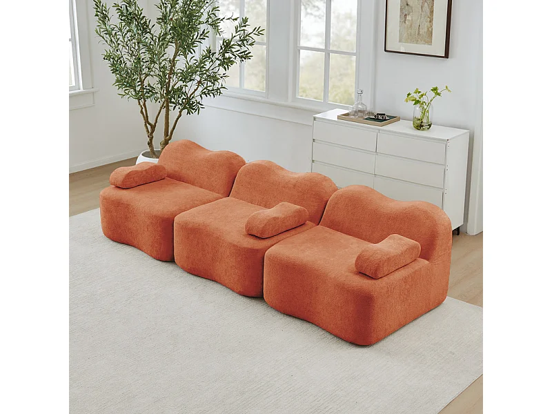 Canapé 3 places modulable forme vague en velours, avec coussin d'accoudoir, 288x98x70cm, Orange