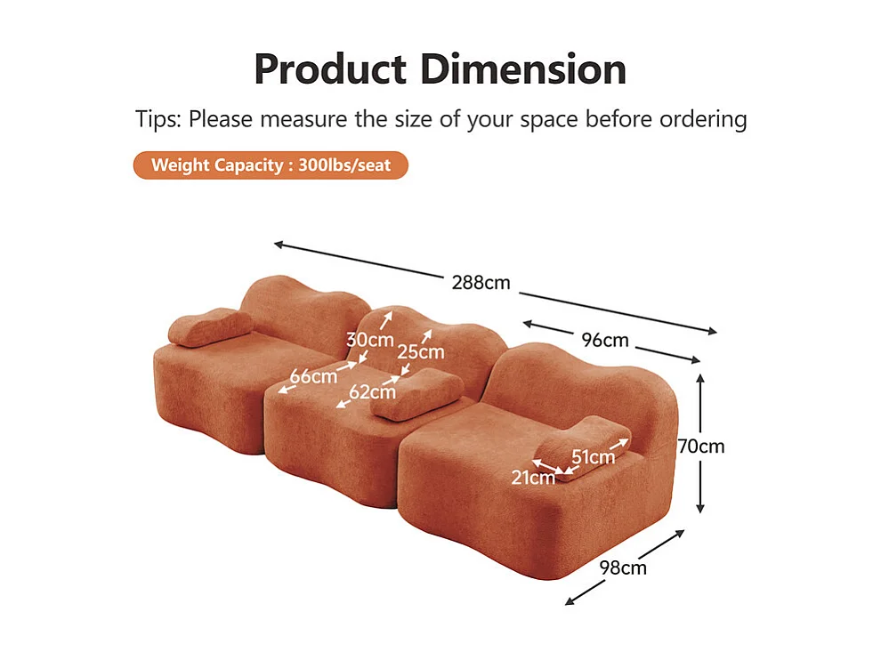 Canapé 3 places modulable forme vague en velours, avec coussin d'accoudoir, 288x98x70cm, Orange