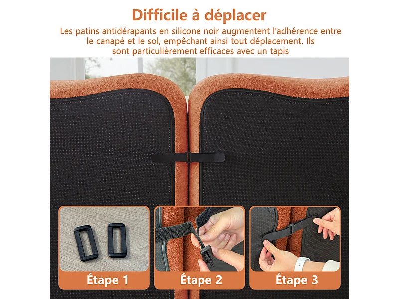 Canapé 3 places modulable forme vague en velours, avec coussin d'accoudoir, 288x98x70cm, Orange