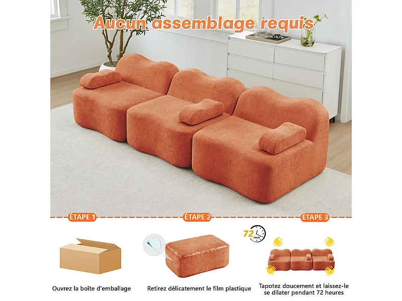 Canapé 3 places modulable forme vague en velours, avec coussin d'accoudoir, 288x98x70cm, Orange