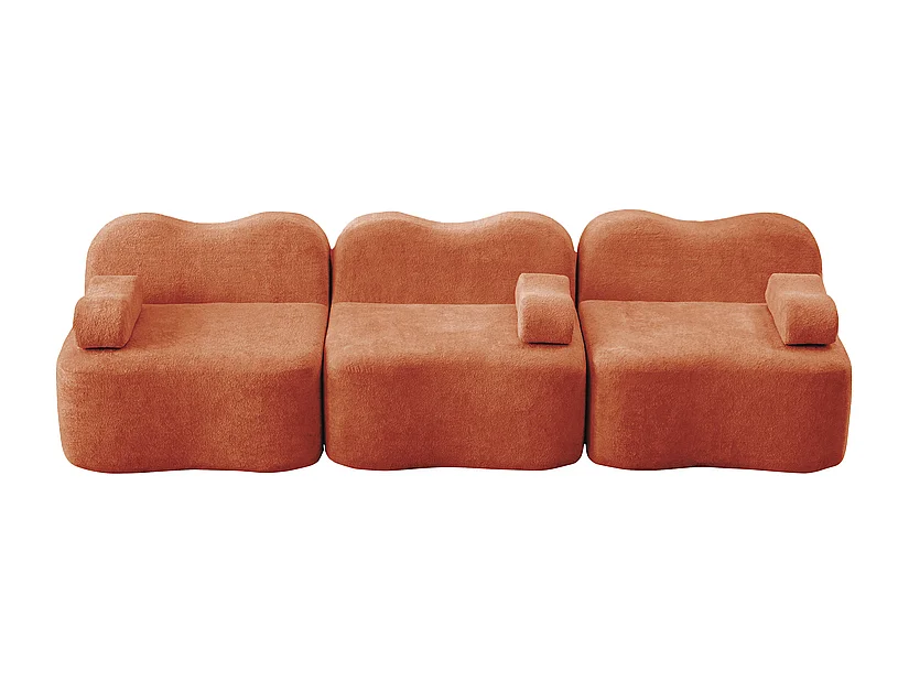 Canapé 3 places modulable forme vague en velours, avec coussin d'accoudoir, 288x98x70cm, Orange