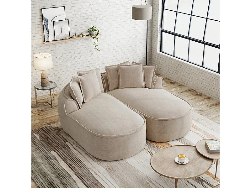 Canapé 2 places modulable en tissu chenille, méridienne double, avec 6 coussins, 184x164x67cm, Beige
