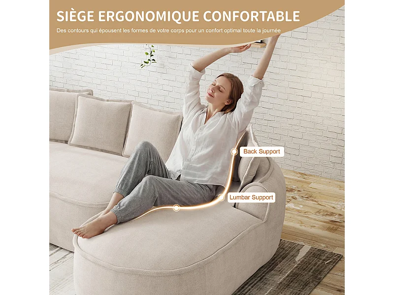 Canapé 2 places modulable en tissu chenille, méridienne double, avec 6 coussins, 184x164x67cm, Beige