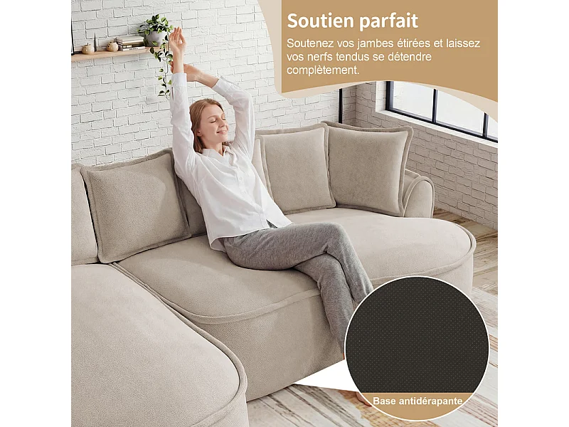 Canapé 2 places modulable en tissu chenille, méridienne double, avec 6 coussins, 184x164x67cm, Beige