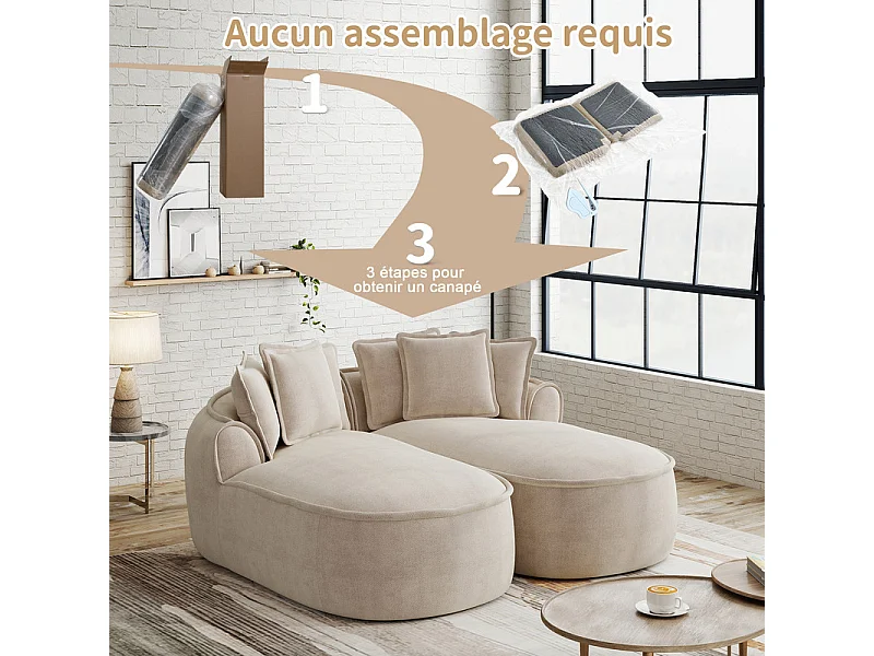 Canapé 2 places modulable en tissu chenille, méridienne double, avec 6 coussins, 184x164x67cm, Beige