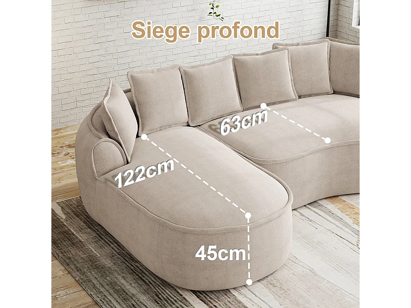 Canapé 2 places modulable en tissu chenille, méridienne double, avec 6 coussins, 184x164x67cm, Beige