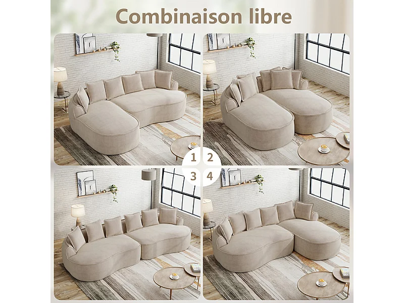 Canapé 2 places modulable en tissu chenille, méridienne double, avec 6 coussins, 184x164x67cm, Beige