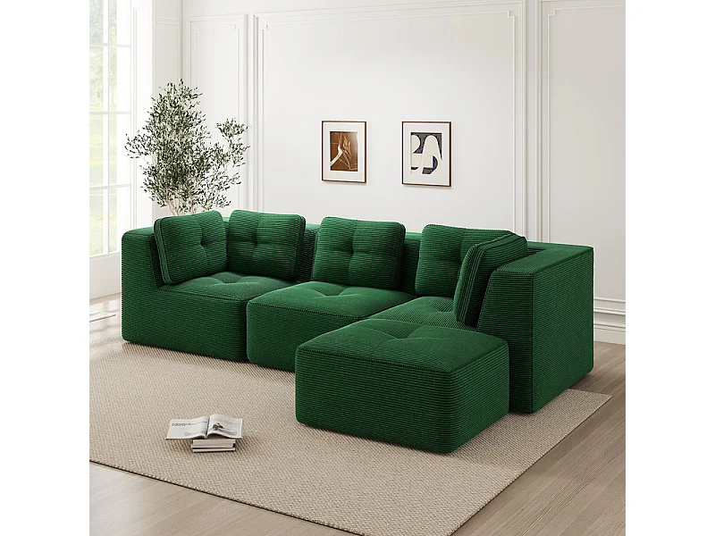 Canapé 3 places modulable, avec pouf et coussins, en velours côtelé, Vert, 297x177x69cm