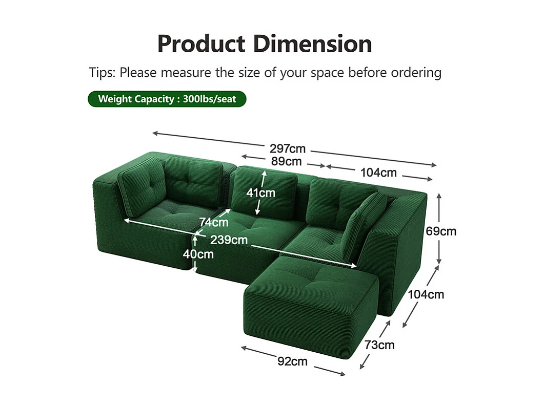 Canapé 3 places modulable, avec pouf et coussins, en velours côtelé, Vert, 297x177x69cm