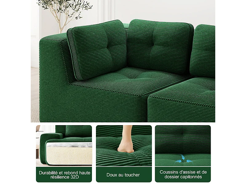Canapé 3 places modulable, avec pouf et coussins, en velours côtelé, Vert, 297x177x69cm