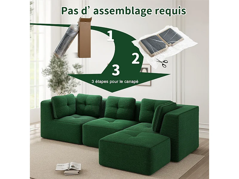 Canapé 3 places modulable, avec pouf et coussins, en velours côtelé, Vert, 297x177x69cm