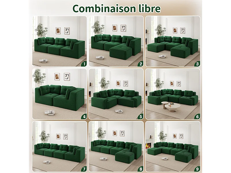 Canapé 3 places modulable, avec pouf et coussins, en velours côtelé, Vert, 297x177x69cm