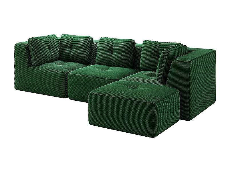 Canapé 3 places modulable, avec pouf et coussins, en velours côtelé, Vert, 297x177x69cm