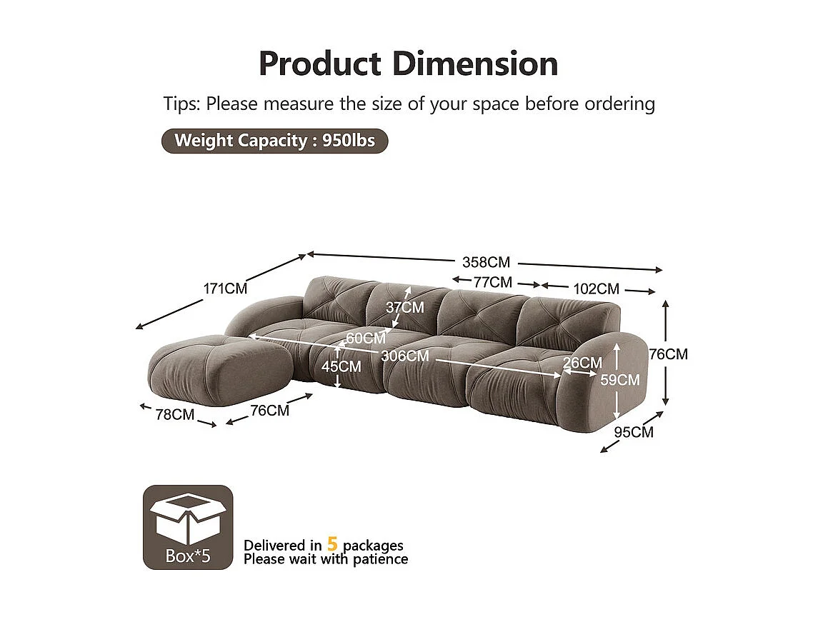 Canapé 4 places d'angle modulable en tissu chenille, avec pouf, 358x171x76cm, Marron