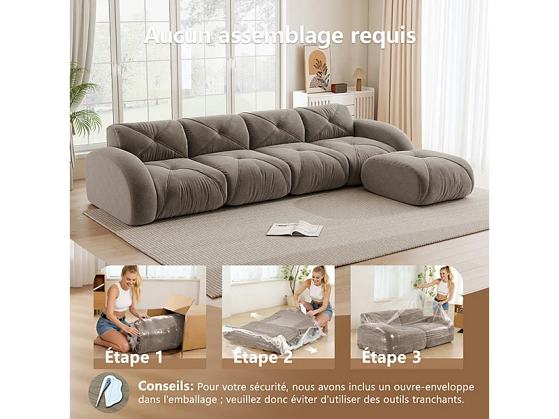 Canapé 4 places d'angle modulable en tissu chenille, avec pouf, 358x171x76cm, Marron