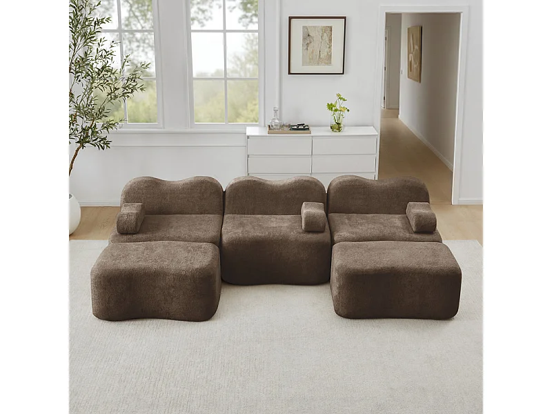 Canapé d'angle panoramique en velours, avec 2 pouf et coussin d'accoudoir, 288x167x70cm, Marron