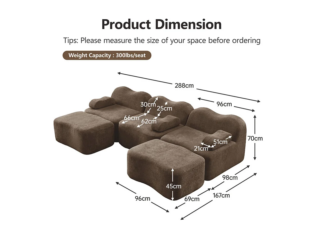 Canapé d'angle panoramique en velours, avec 2 pouf et coussin d'accoudoir, 288x167x70cm, Marron