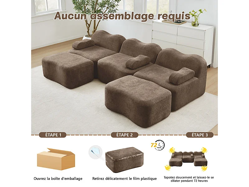 Canapé d'angle panoramique en velours, avec 2 pouf et coussin d'accoudoir, 288x167x70cm, Marron