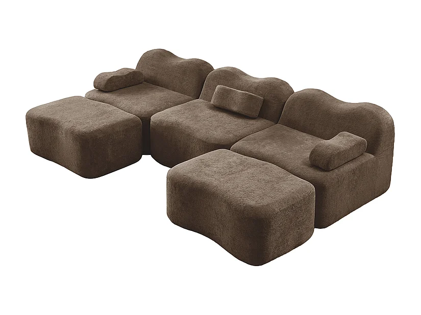 Canapé d'angle panoramique en velours, avec 2 pouf et coussin d'accoudoir, 288x167x70cm, Marron