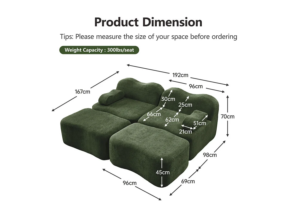 Canapé 2 places d'angle modulable en velours, avec 2 pouf, 192x167x70cm, Vert