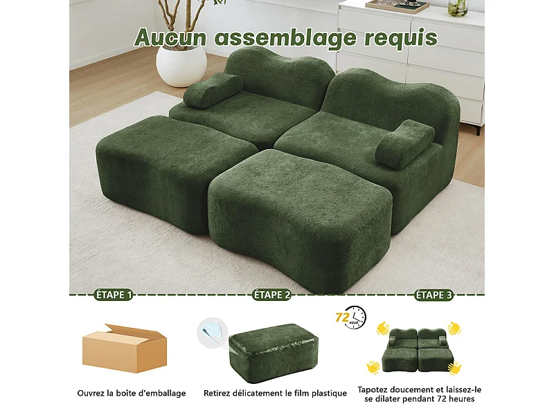 Canapé 2 places d'angle modulable en velours, avec 2 pouf, 192x167x70cm, Vert